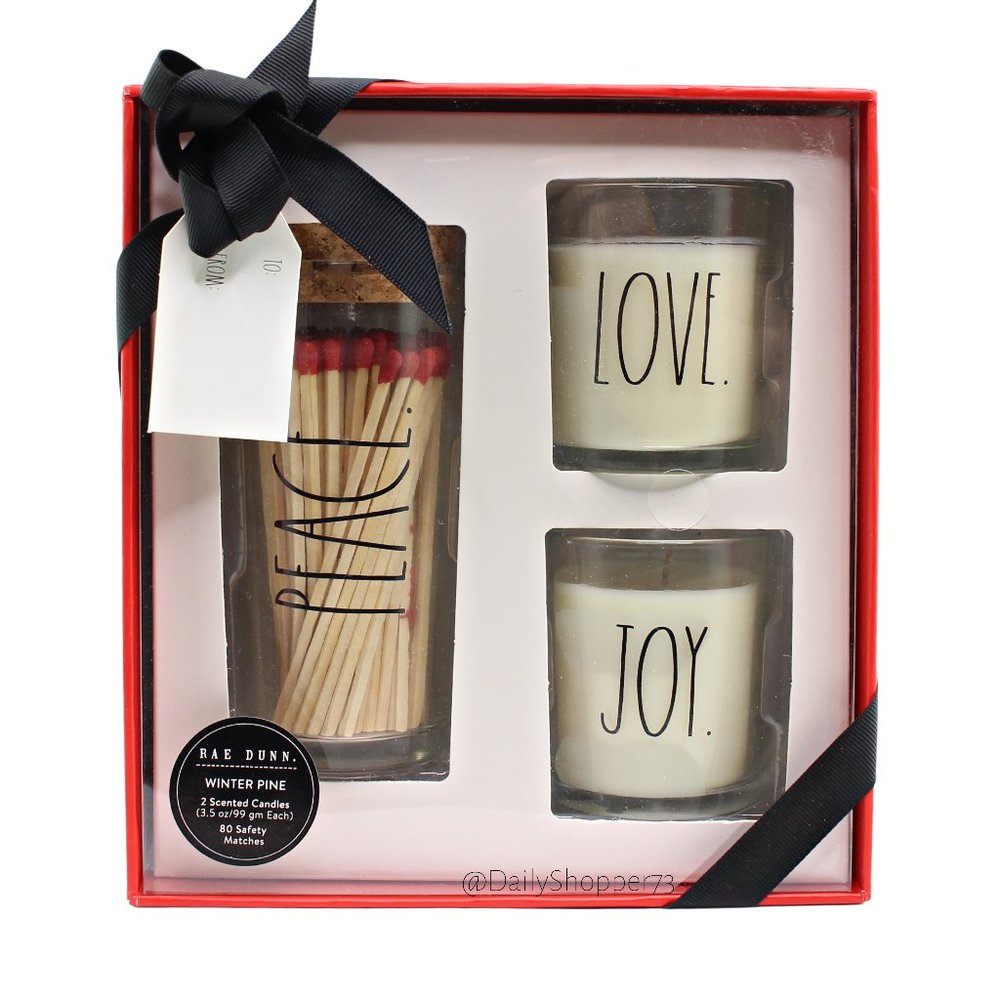 Rae Dunn Winter Pine Scented "Peace, Love, & Joy" Candle & Matches Gift Set